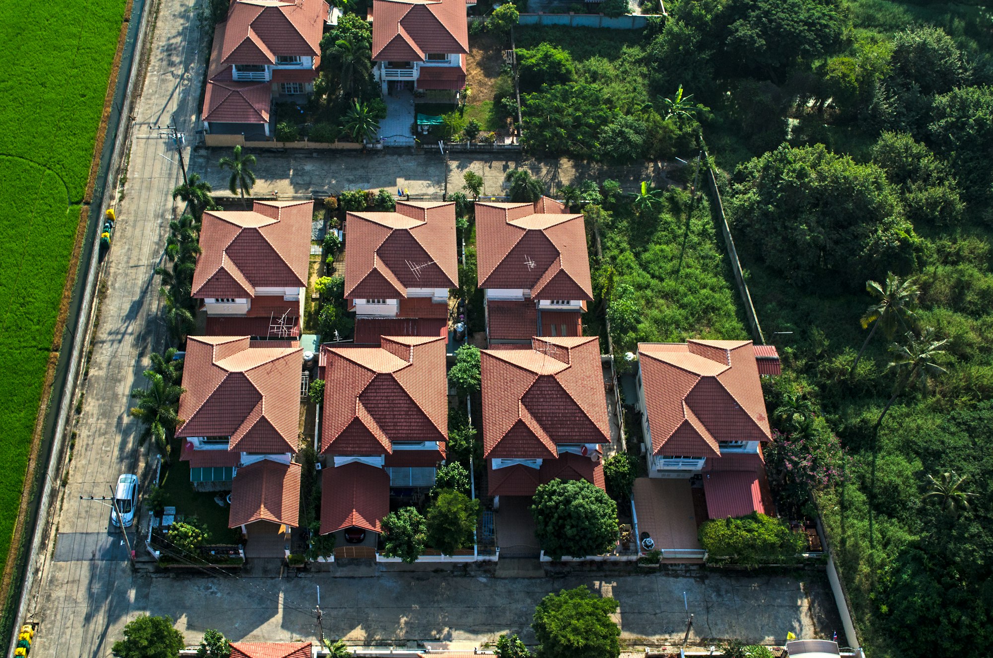 Red roofs in residential area housing, view from the air